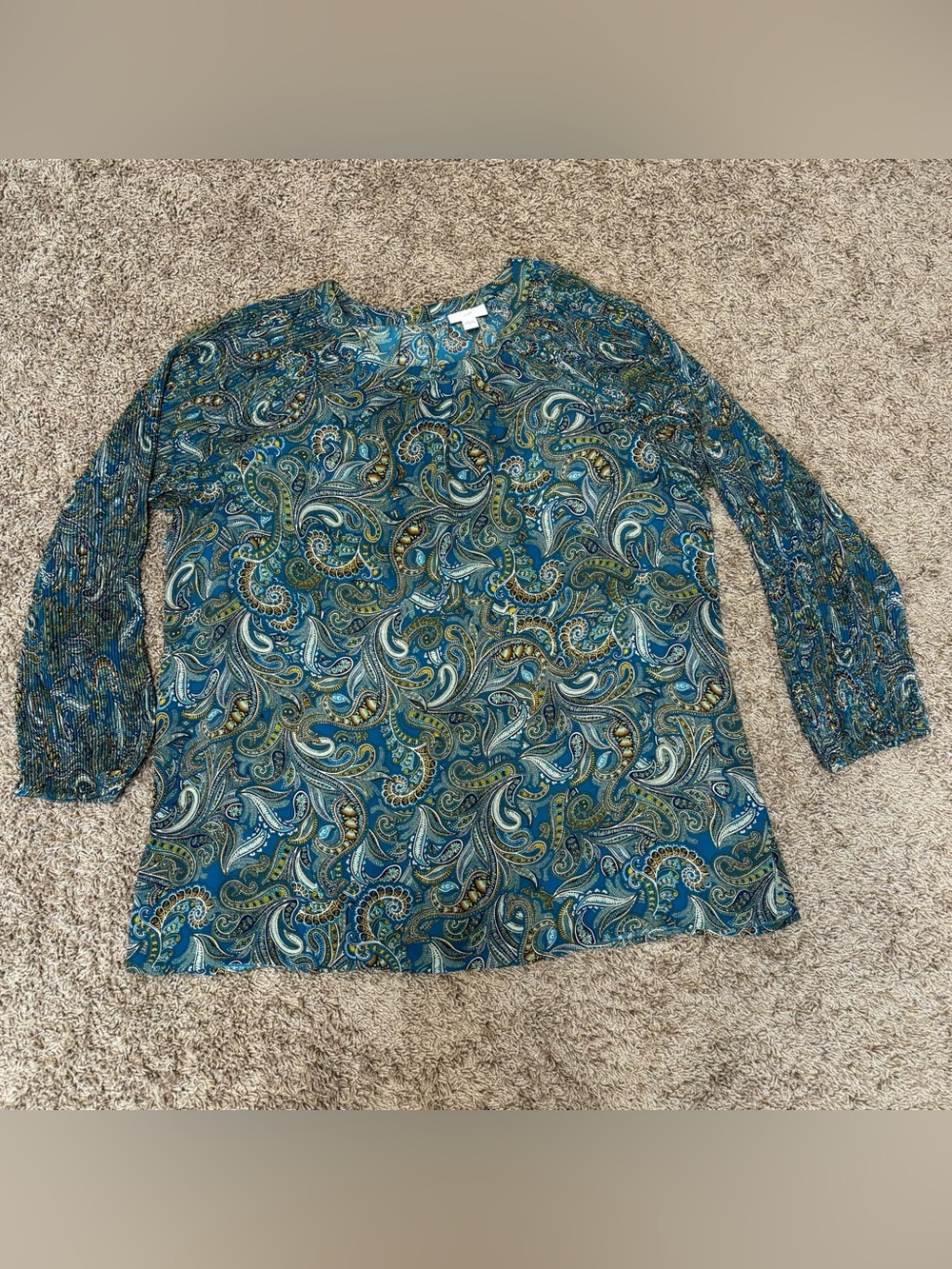J Jill tunic top women large blue/green paisley reglan sleeve scoop neckline EUC
